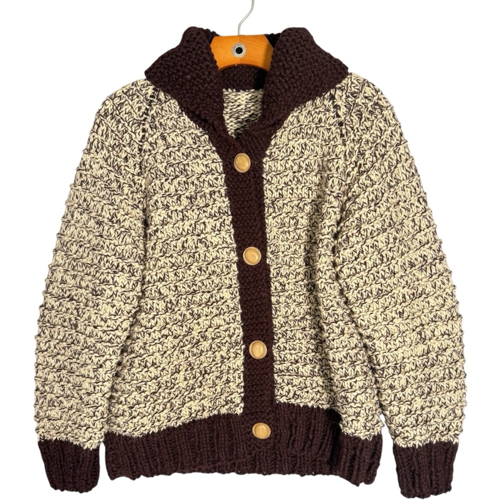 Wool Brown Cream Textured Cardigan Sweater Cabincore Cozy Knit S